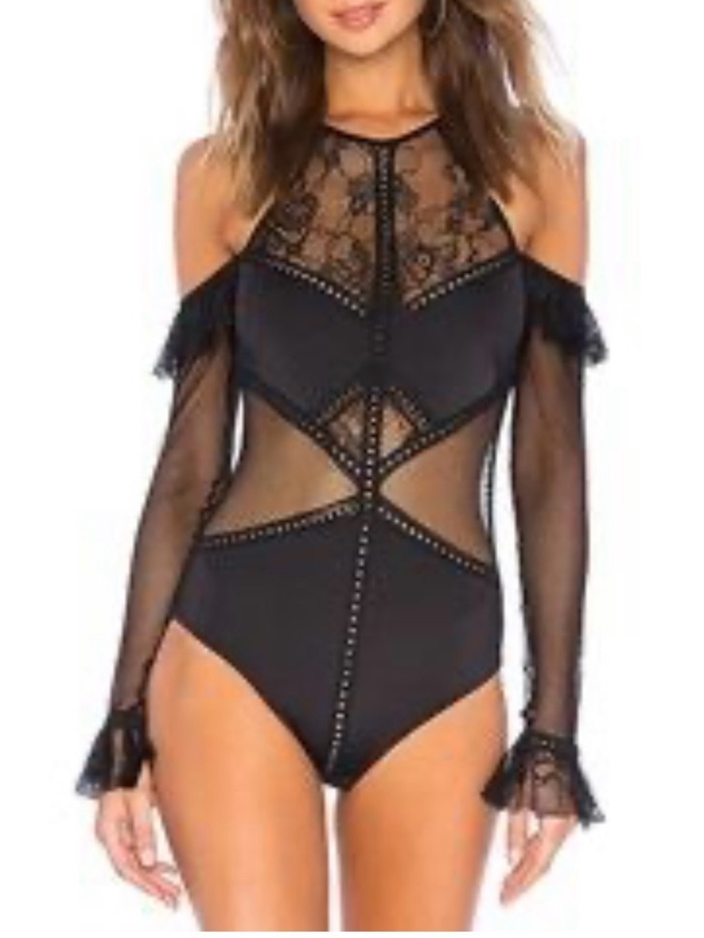 Thistle & Spire black lace and mesh strap off shoulder bodysuit size medium